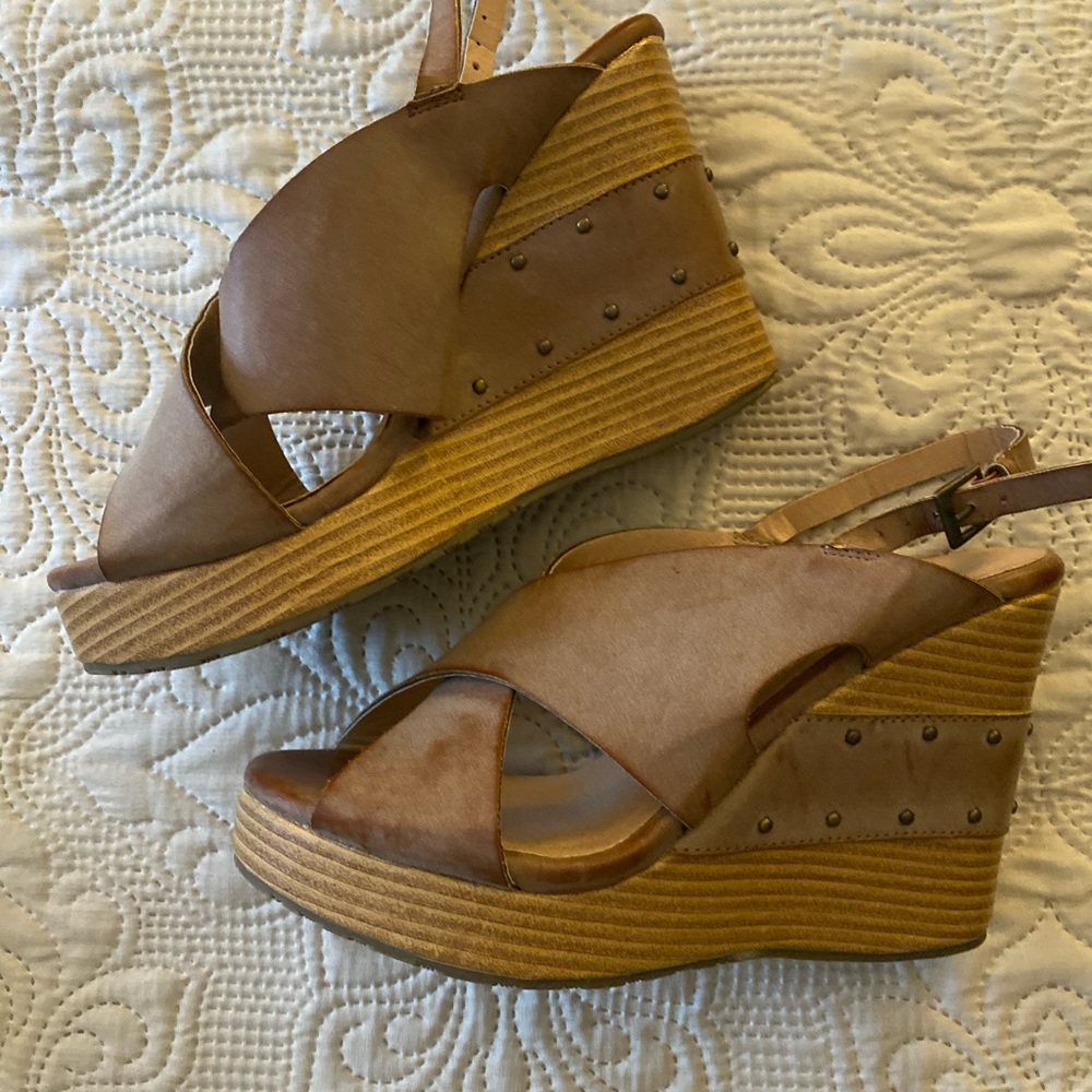 Coconuts Leather tan wedge.